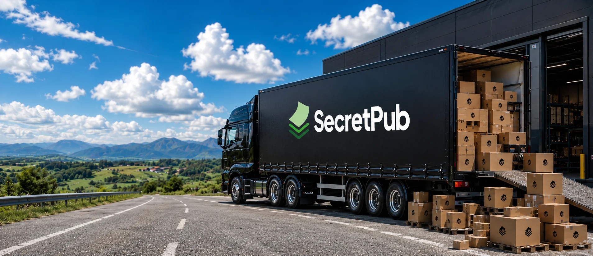 Camion SecretPub chargé de colis, livraison et logistique partout en France